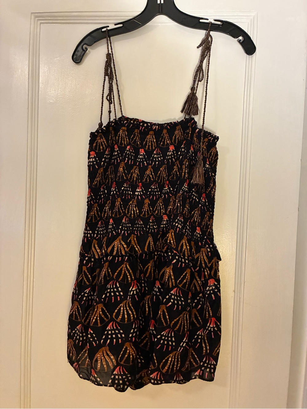 Ulla Johnson Black Printed Smocked Top with Coral and Tan Accents